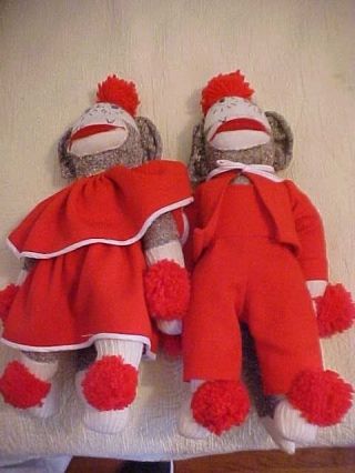 Vintage Hand Made Sock Monkeys W/ Red Outfits