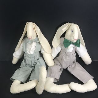 2 Handmade Vintage Primitive Plush Floppy Ears Country Bunny Rabbit Rag Stuffed