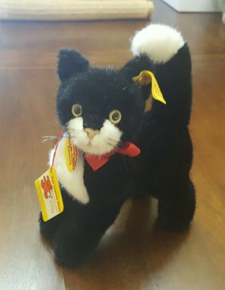 Steiff Dossy Standing Black Cat 2738/16 Vintage 80’s Red Bow Button Flag Id