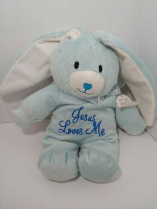 Dandee Jesus Loves Me Plush Bunny Rabbit Blue White Long Ears Musical Long Ears
