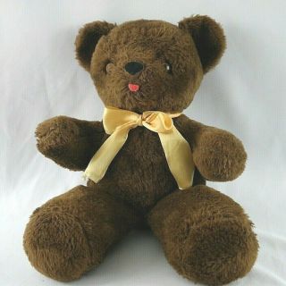 Old Vintage Chocolate Brown Plush Teddy Bear 15 " Tall Soft Toy Yellow Ribbon