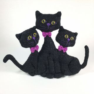 Sugar Loaf Sparkling Halloween Black Cat Trio Purple Bows Plush Shelf Decor Acmi