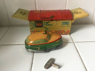 Vintage Tin Toy Japanese Magic Garage & Wind - Up Car W/key
