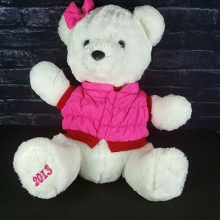 Dan Dee 2013 White Plush Teddy Bear Pink Winter Snow Vest Bow Stuffed Animal 18 "