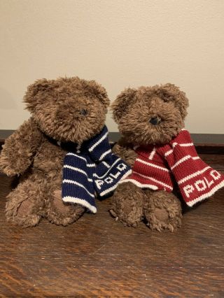 2 Ralph Lauren Polo 2003 Plush Stuffed Teddy Bear W/scarfs 10” Blue & 5” Red