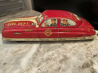 Vintage Marx Toy Metal Red Fire Dept.  Chief Car No.  1 11 inches GREAT SHAPE 3