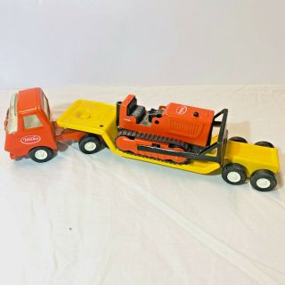 Vintage Tonka Trucks Lowboy Construction Tractor Trailer Semi With Bulldozer