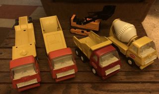 5 Vintage Tonka Orange Yellow Metal Cement Mixer,  Dump,  Bottom Dump Trucks