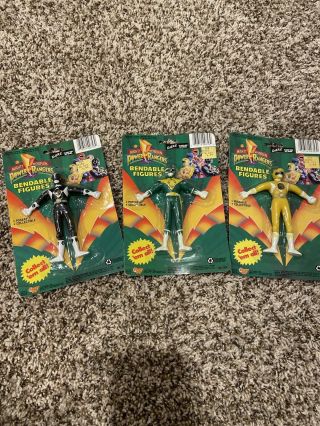 Bandai Mighty Morphin Black,  Green,  And Yellow.  Power Rangers Bendable Figures