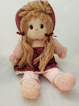 Vintage Cuddle Wit Cloth Rag Baby Doll Red Roses & Pink Floral Yarn Hair 18 "