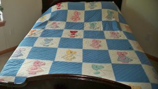 Vintage Blue And White Quilt,  Sun Bonnet Sue,  Embroidered