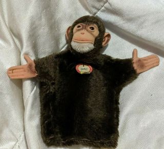 Vintage Steiff Stuffed Mohair Jocko Monkey Puppet Glass Eyes Button Tag