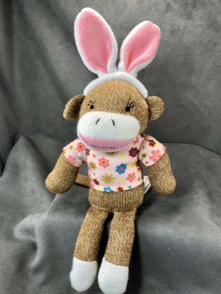 Dan Dee Sock Monkey Plush 12 " Bunny Rabbit Ears Pink Floral Shirt Stuffed Animal