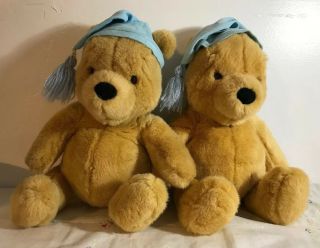 2 Disney Gund Adventure Of Winnie The Pooh 15”stuffed Plush Bears Blue Nite Caps