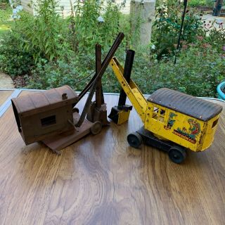 2 Vintage Toy Steam Shovels Marx Lumar Construction & Structo Fixer - Uppers
