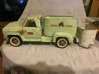 Vintage Tonka Toys Green Tonka Farms Horse Carrying Pickup Truck With Trailer