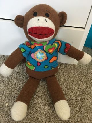 Dandee Sock Monkey Plush Stuffed Animal 15 " Blue Shirt With Multi Colored Hearts