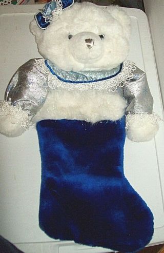 21 " Dan Dee Collectors Choice White Teddy Bear Blue Christmas Stocking Pre - Owned