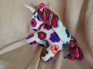 Crochetted Winged Unicorn Pegasus Plush White With Floral Design Rainbow Hair