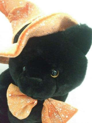 Caltoy 2000 Plush Black Sitting Cat with Orange Hat and Bow Halloween Decor 15 