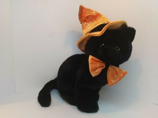 Caltoy 2000 Plush Black Sitting Cat with Orange Hat and Bow Halloween Decor 15 