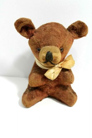 Antique Vintage Japan Brown Teddy Bear With Bow Stuffed Animal Plush Toy 8 "
