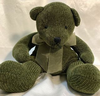 Pier 1 One Imports Green Corduroy Plush Teddy Bear With Bow 16 " Tall