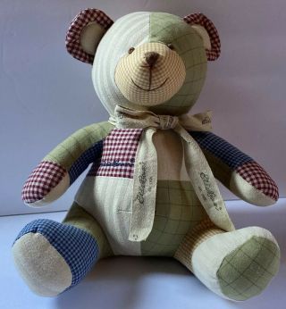 Eddie Bauer Patchwork Teddy Bear Quilt Fabric Cute Sitting Bear Stuffed 10”