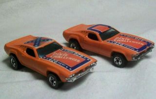 2 Vintage Hot Wheels 1970 Orange Dodge Dixie Challengers 426 Hemi Flag On Roof.