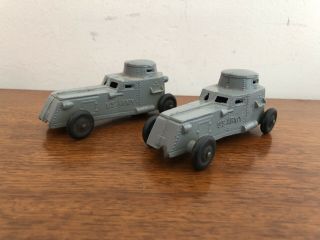 Two (2) Tootsietoy Us Army Armored Car Early Grey Toy Tank Cast Metal Vintage