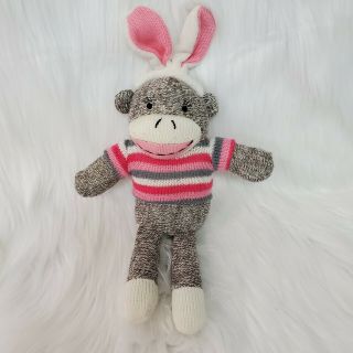 14 " Dan Dee Sock Monkey W Bunny Rabbit Pink Ears Plush Stuffed Easter Toy B224