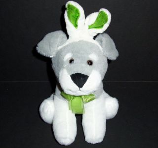 Dandee Gray White Dog Plush Easter Bunny Rabbit Ears Green Stuffed Animal