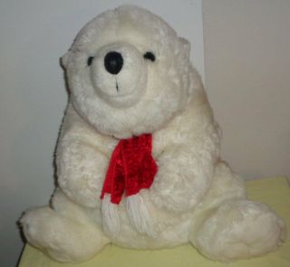 Keds Of America White Polar Bear Plush Stuffed Animal Red Scarf Fringe Furry