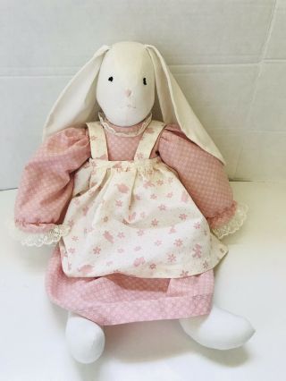 20” Handmade Primitive Country Plush Bunny Rabbit Girl Rag Doll In Pink Dress