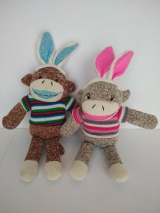 Dan Dee Sock Monkey Easter Bunny Pink Blue Boy Girl Twins Stripe 12 Inch