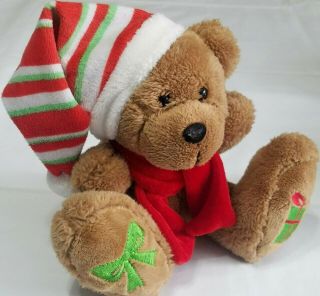 Dan Dee Brown Christmas Teddy Bear W/embroidered Feet Striped Santa Hat Plush 7 "