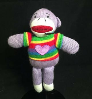 Dan Dee Small 10” Purple Sock Monkey Doll Wearing Rainbow Shirt W/ Purple Heart
