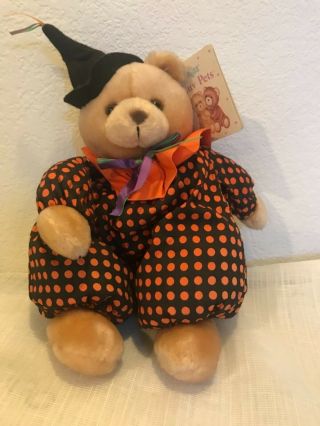 Russ Boo Tan Teddy Bear Plush Halloween Black Orange Polka Dot Clown Suit Witch