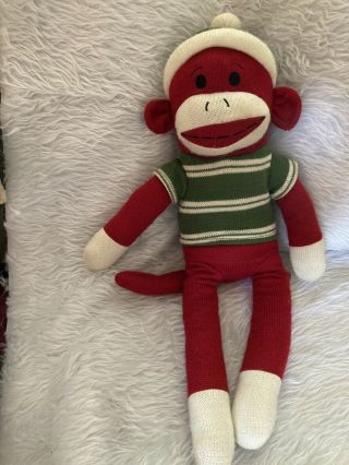 Dan Dee Red Sock Monkey With Pom Hat And Striped Shirt,  Approximately 21” Plush