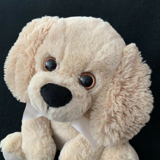 Aldi Dog Plush Stuffed Animal Floppy Ears Sparkle Eyes Bow Tie Tan Black 13 Inch