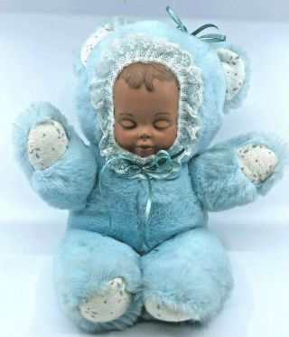 Cuddle Wit Vintage Plush Baby Doll In Blue Bear Pajamas Porcelain Face 10 " Tall