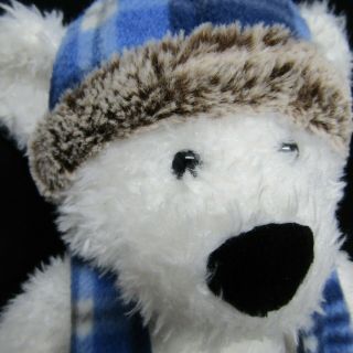 St Judes Gentle Treasures 18 " Inch White Polar Bear Plush Blue Plaid Scarf Hat