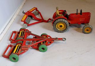 Vintage Diecast Dinky Toys 27a Massey Harris Tractor 322 Disc Harrow,  323 Mower