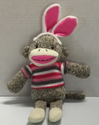 Dan Dee Sock Monkey Plush With Pink Bunny Rabbit Ears 12 " Stuffed Animal Toy