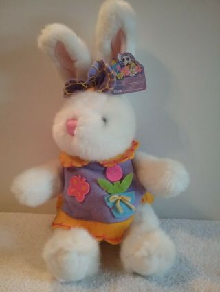 White Plush Easter Bunny Rabbit Stuffed Animal W/ Dress And Bow Soft Toy 12 "