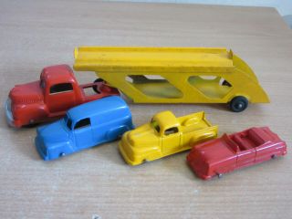 Vintage Tootsie Toy Metal Auto Car Carrier Truck & 3 Cars