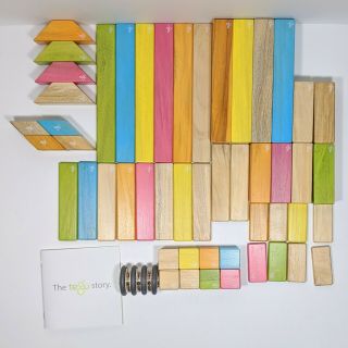 54 Piece Tegu Magnetic Wooden Block Set Kids Toy,  Colorful Tints Euc