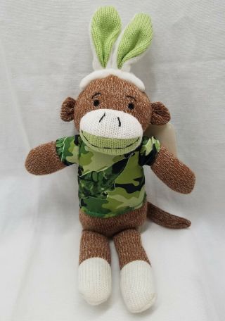 Dan Dee Sock Monkey Plush Bunny Ears Camo Stuffed Animal Green White Brown 12 "
