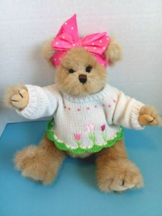 Plush Bearington 10 " Teddy Bear W/tulip Flower Sweater/pink Polka Dot Bow - Euc