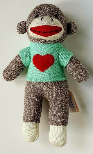 Dan Dee Sock Monkey Brown With Light Blue Shirt Red Heart Stuffed Animal 10 "